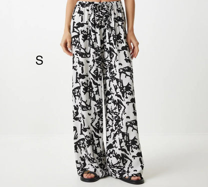 Women’s Trendyol White Black Abstract Wide Leg Pants – Viscose Drawstring Palazzo Pants