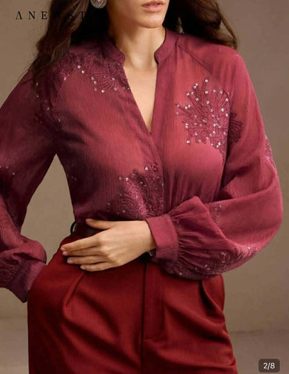Women’s Burgundy Embroidered Blouse – SHEIN Fast Delivery in 5 Days