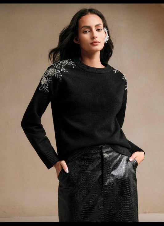 Women’s Black Embellished Shoulder Knit Sweater – Elegant Beaded Floral Detail Pullover