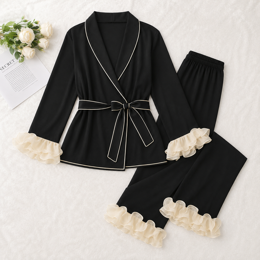 Black Ruffle Trim Lounge Pajama Set