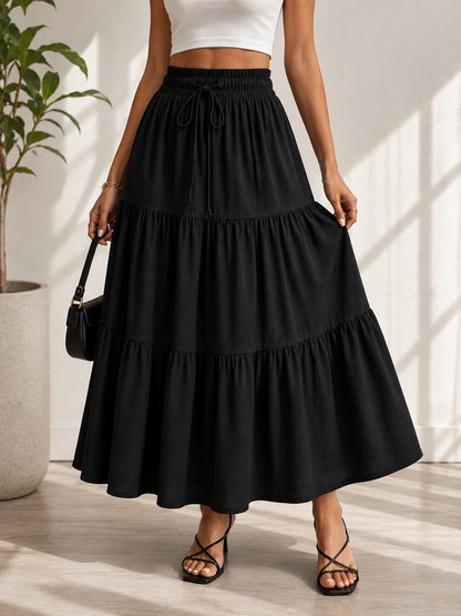 Black High Waist Tiered Midi Skirt for Women with Drawstring Waist