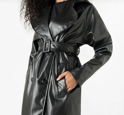 Black Faux Leather Belted Trench Coat – Women’s Long Glossy Double-Breasted Statement Coat