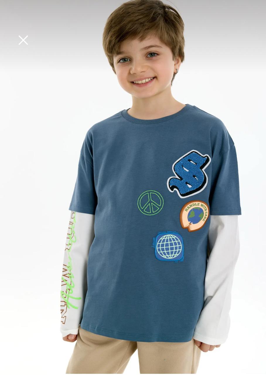 Boys Blue Layered Graphic T-Shirt – Trendy Long Sleeve Casual Top for Kids