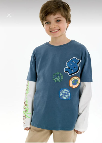 Boys Blue Layered Graphic T-Shirt – Trendy Long Sleeve Casual Top for Kids