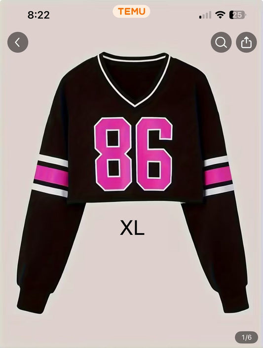 Women’s Black Cropped Varsity Sweatshirt, Pink 86 Long Sleeve Pullover
