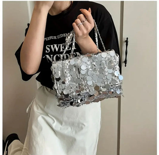 Silver Sequin Shoulder Bag, Sparkle Evening Handbag with Chain Strap