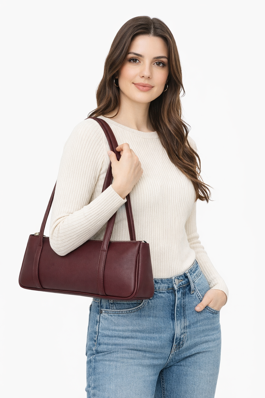 Burgundy fossil Slim Top Handle Shoulder Bag – Women’s Structured Mini Everyday Handbag with Zip Closure