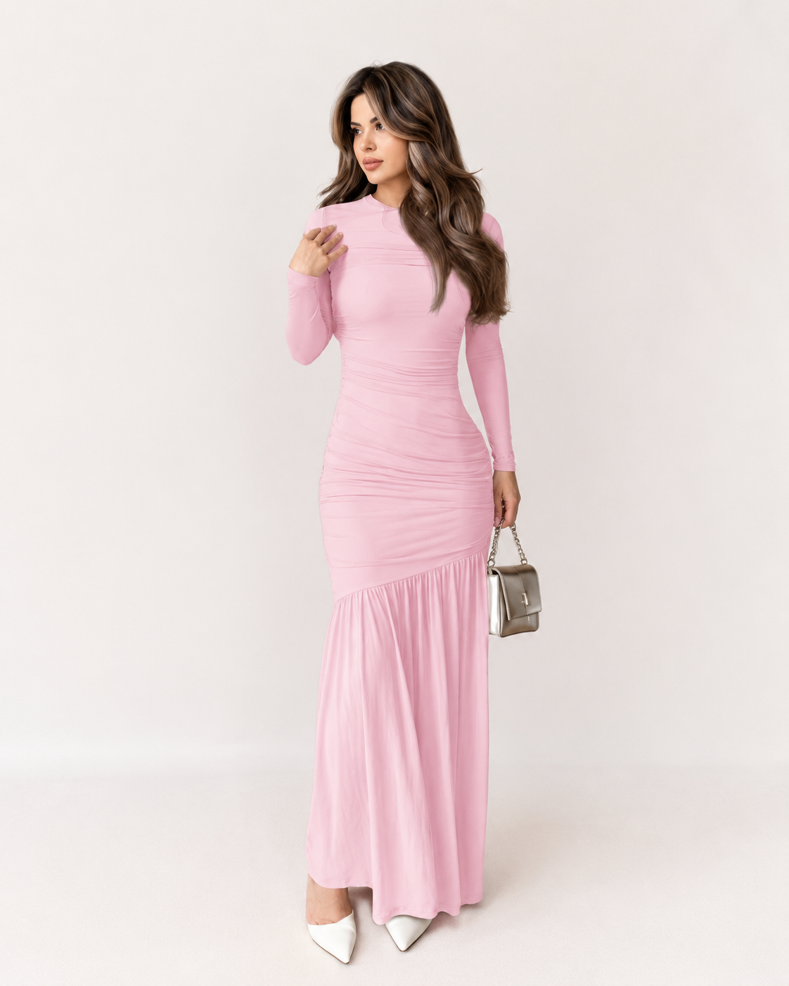 Women’s Pink Long Sleeve Fitted Mermaid Maxi Dress