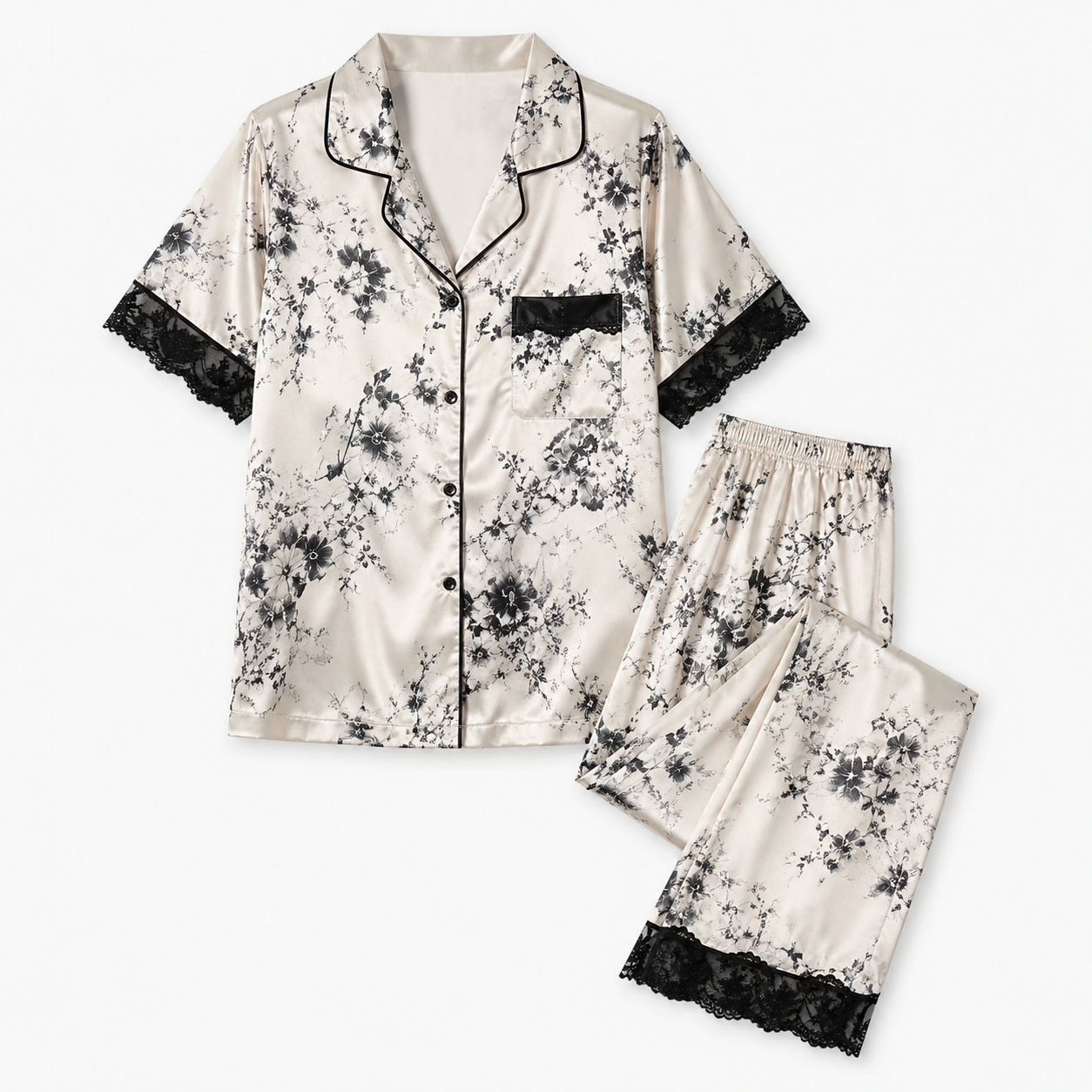 SHEIN Women’s Satin Floral Pajama Set – Short Sleeve Top & Long Pants Sleepwear, SHEIN Fast Delivery in 5 Days