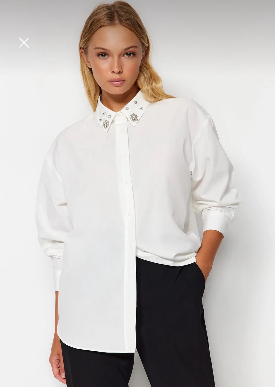 SHEIN Women’s White Rhinestone Collar Blouse – Long Sleeve Button Front Shirt, SHEIN Fast Delivery in 5 Days