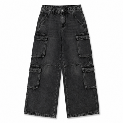 SHEIN Girls Black Wide Leg Cargo Jeans – Washed Denim Multi Pocket Pants, SHEIN Fast Delivery in 5 Days