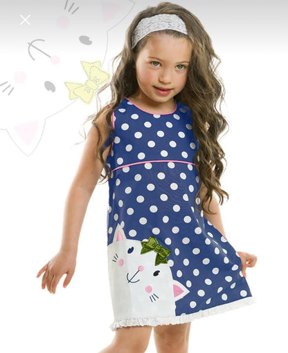Girls’ Denokids Navy Polka Dot Cat Dress – 100% Cotton Sleeveless Summer Dress