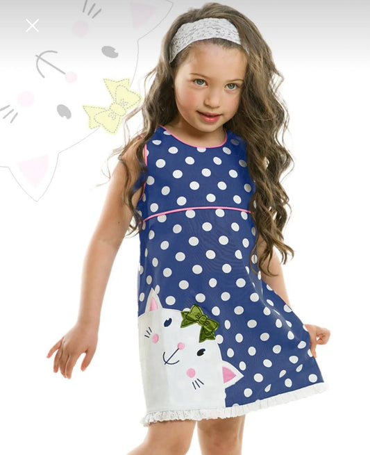 Girls’ Denokids Navy Polka Dot Cat Dress – 100% Cotton Sleeveless Summer Dress