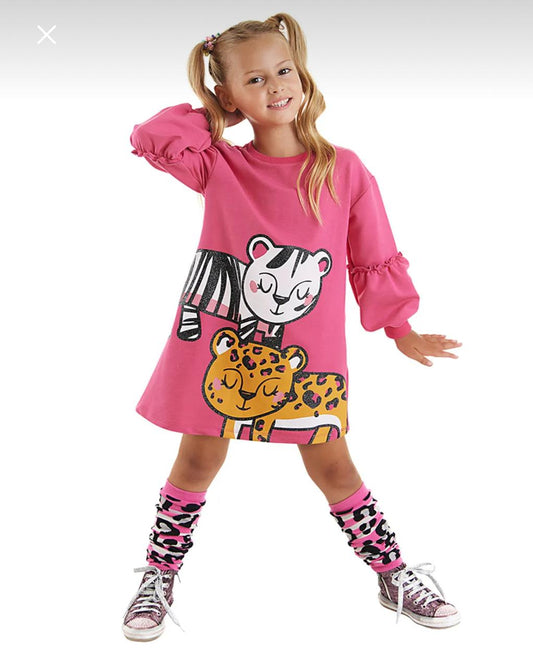 Girls Pink Cartoon Animal Print Dress – Long Sleeve Casual Kids Dress – Cute Everyday Outfit