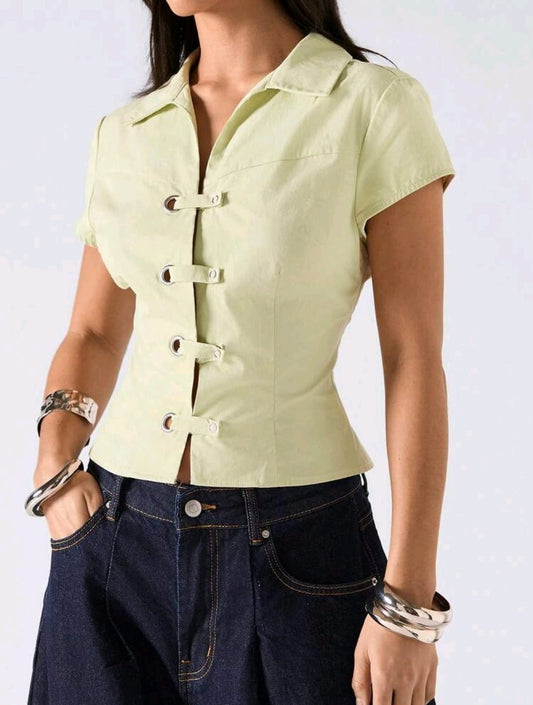 SHEIN Women Light Green Buckle Front Short Sleeve Top