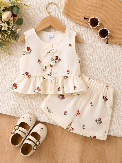Girls Cream Floral Sleeveless Top and Shorts Set with Ruffle Hem and Bow Details