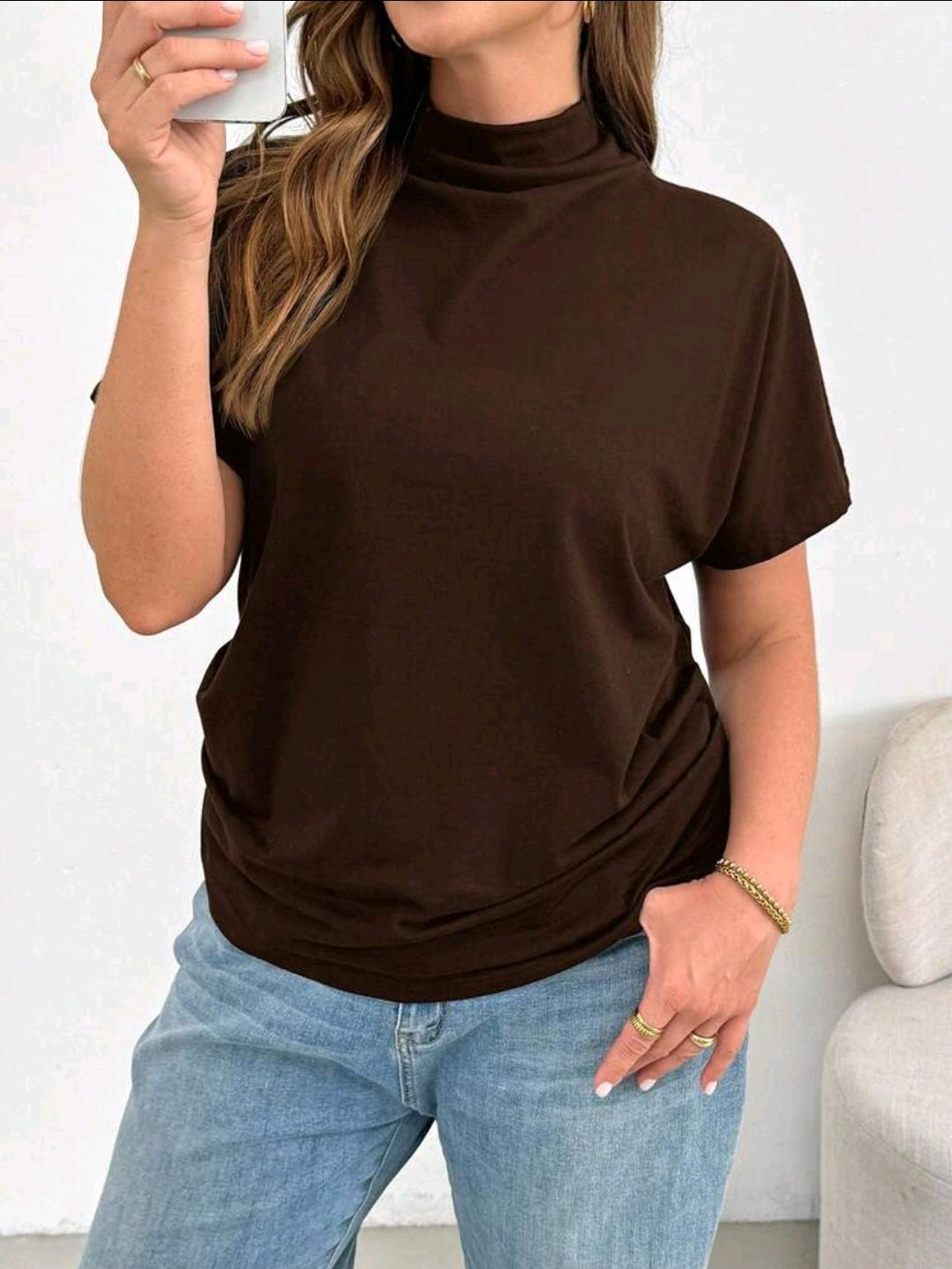 Brown Mock Neck Short Sleeve Top – Casual Loose Fit Women Everyday T-Shirt