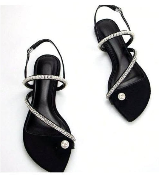 SHEIN Black Rhinestone Strap Pointed Flat Sandals - SHEIN Fast Delivery in 5 Days