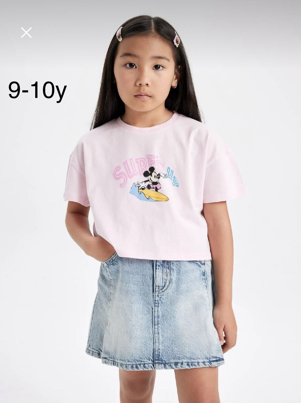 Defacto Girls Pink Surf Mickey Print Crop T-Shirt 9-10Y