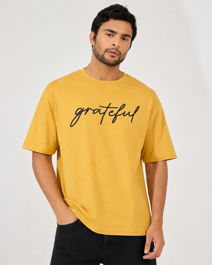 Men’s Yellow Grateful Graphic Cotton T-Shirt, Short Sleeve Casual Everyday Top