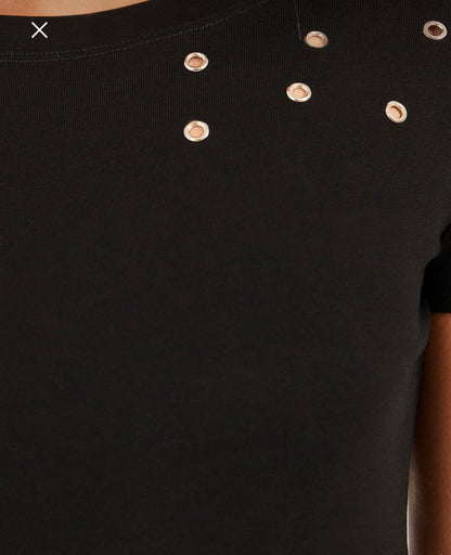 SHEIN Fast Delivery in 5 Days Black Eyelet Detail Fitted T-Shirt