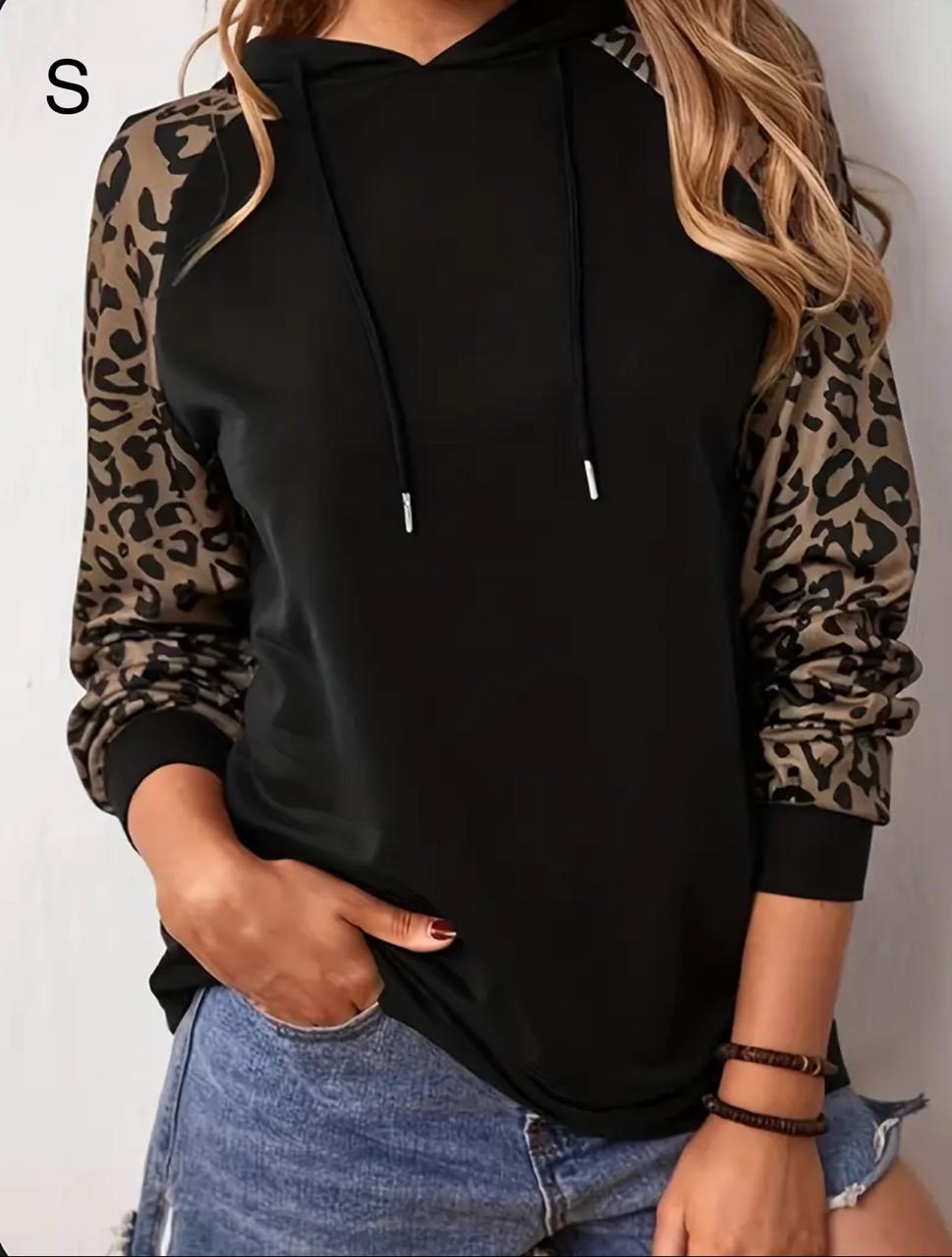Women’s Black Leopard Print Sleeve Hoodie Top – Casual Long Sleeve Pullover