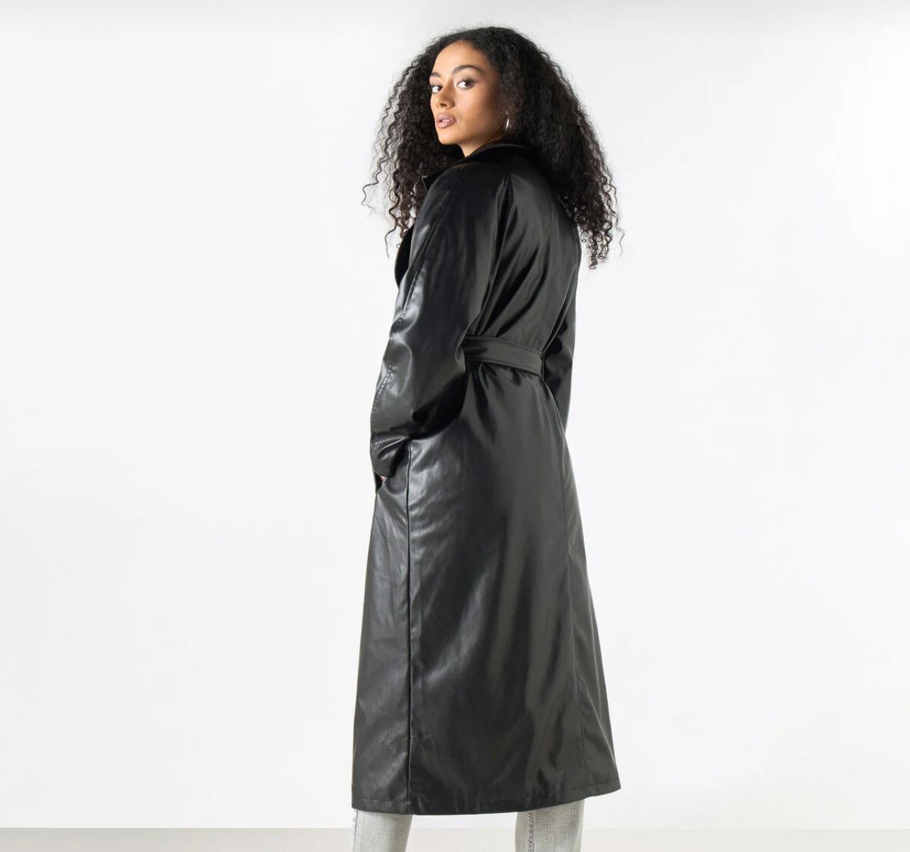 Black Faux Leather Belted Trench Coat – Women’s Long Glossy Double-Breasted Statement Coat