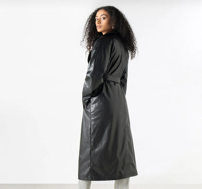 Black Faux Leather Belted Trench Coat – Women’s Long Glossy Double-Breasted Statement Coat
