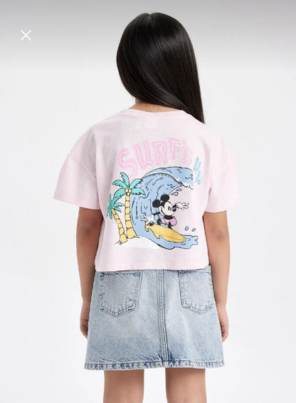 Defacto Girls Pink Surf Mickey Print Crop T-Shirt 9-10Y