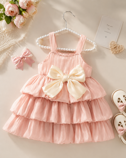 Girls Pink Layered Tulle Dress with Large Bow Detail and Sleeveless Design