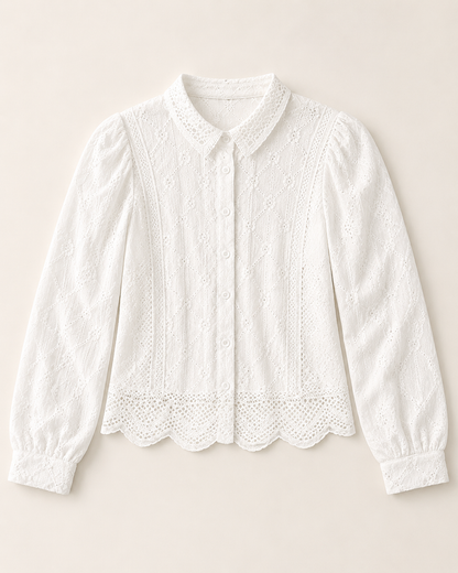 Women White Embroidered Lace Button Blouse