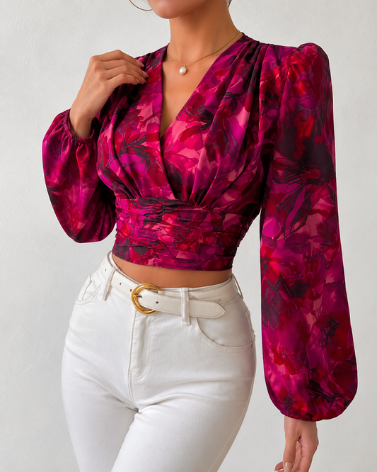 SHEIN Women’s Floral Satin Wrap Crop Blouse