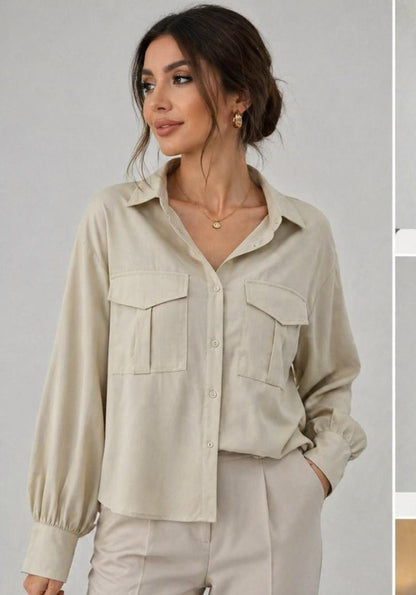 Women's Beige Button Front Utility Shirt – Long Sleeve Collared Pocket Blouse