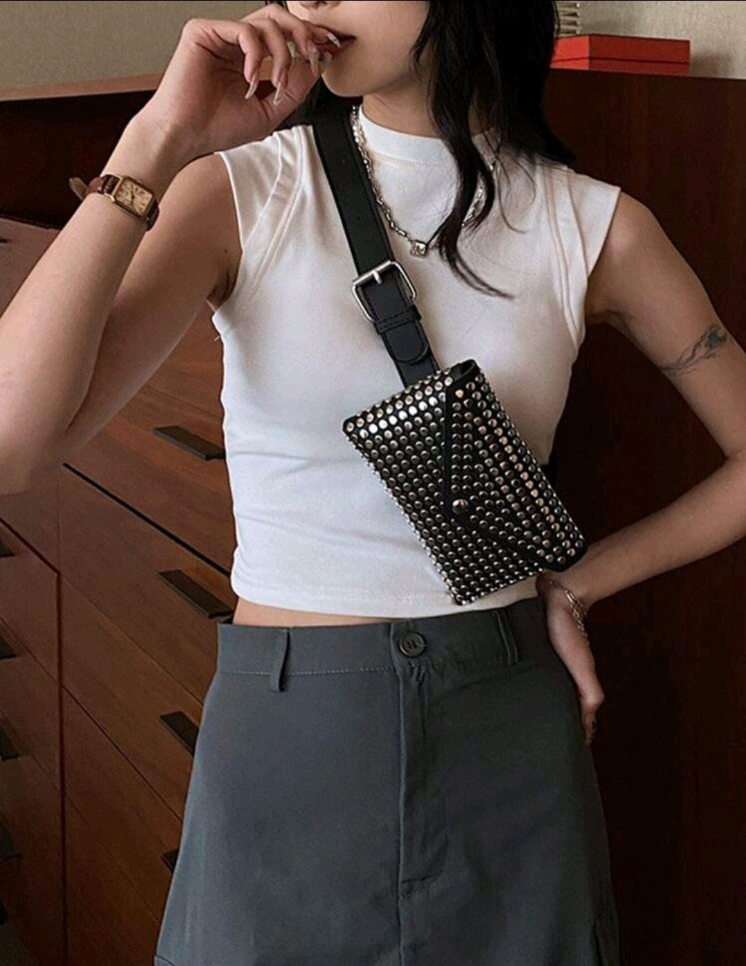 SHEIN Fast Delivery Women’s Black Studded Belt Bag