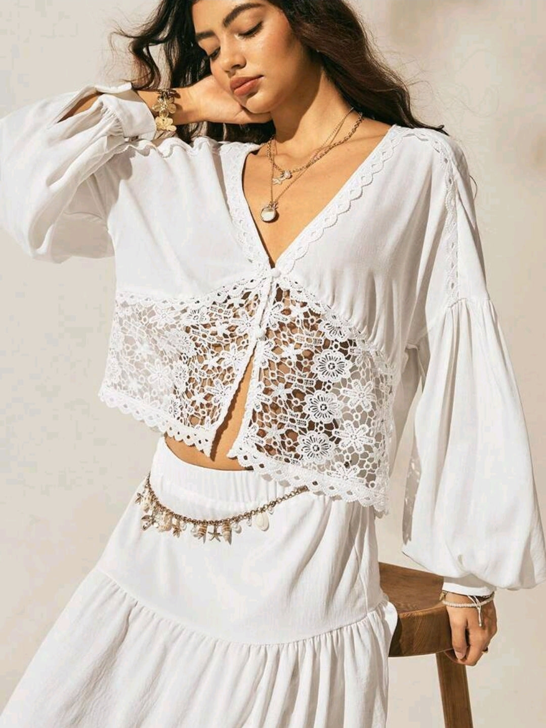 Easelle White Boho Lace Patchwork Blouse – Lantern Sleeve Crochet Detail Vacation Top