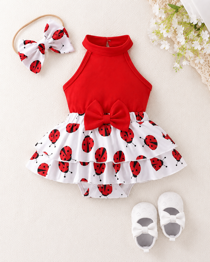 Baby Girls Red Ladybug Romper Dress with Matching Headband