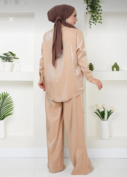 Women’s Beige Satin Two Piece Set – Button Up Shirt and Wide Leg Pants