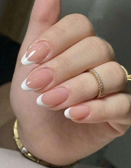 24-Piece French Press-On Nails – Glossy Nude & White Almond Fake Nails – Elegant Reusable Manicure Set