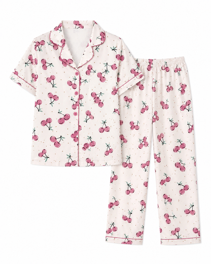 Women’s Cherry Print Pajama Set – Short Sleeve Button Shirt & Wide Leg Pants