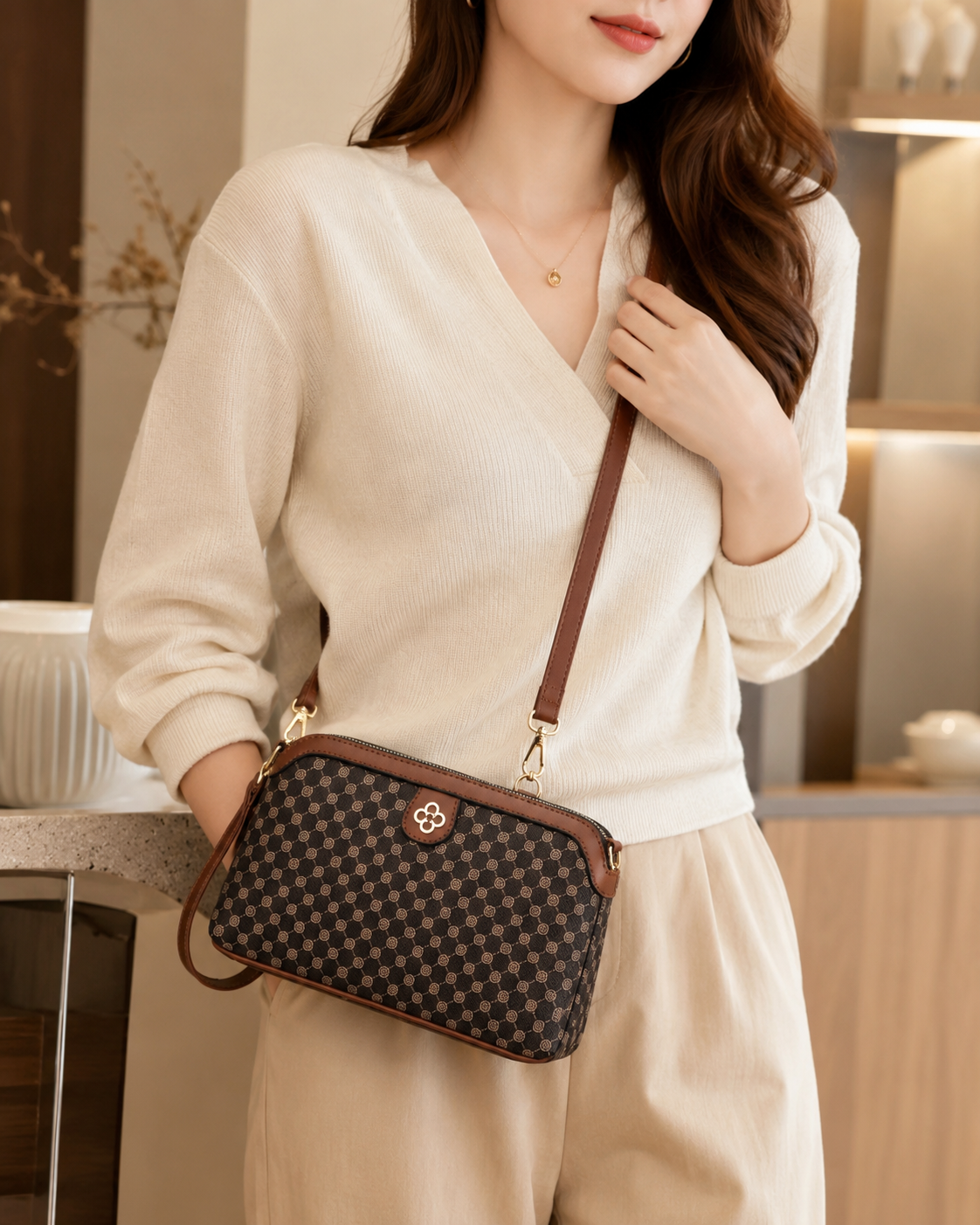 SHEIN Women Brown Monogram Crossbody Bag