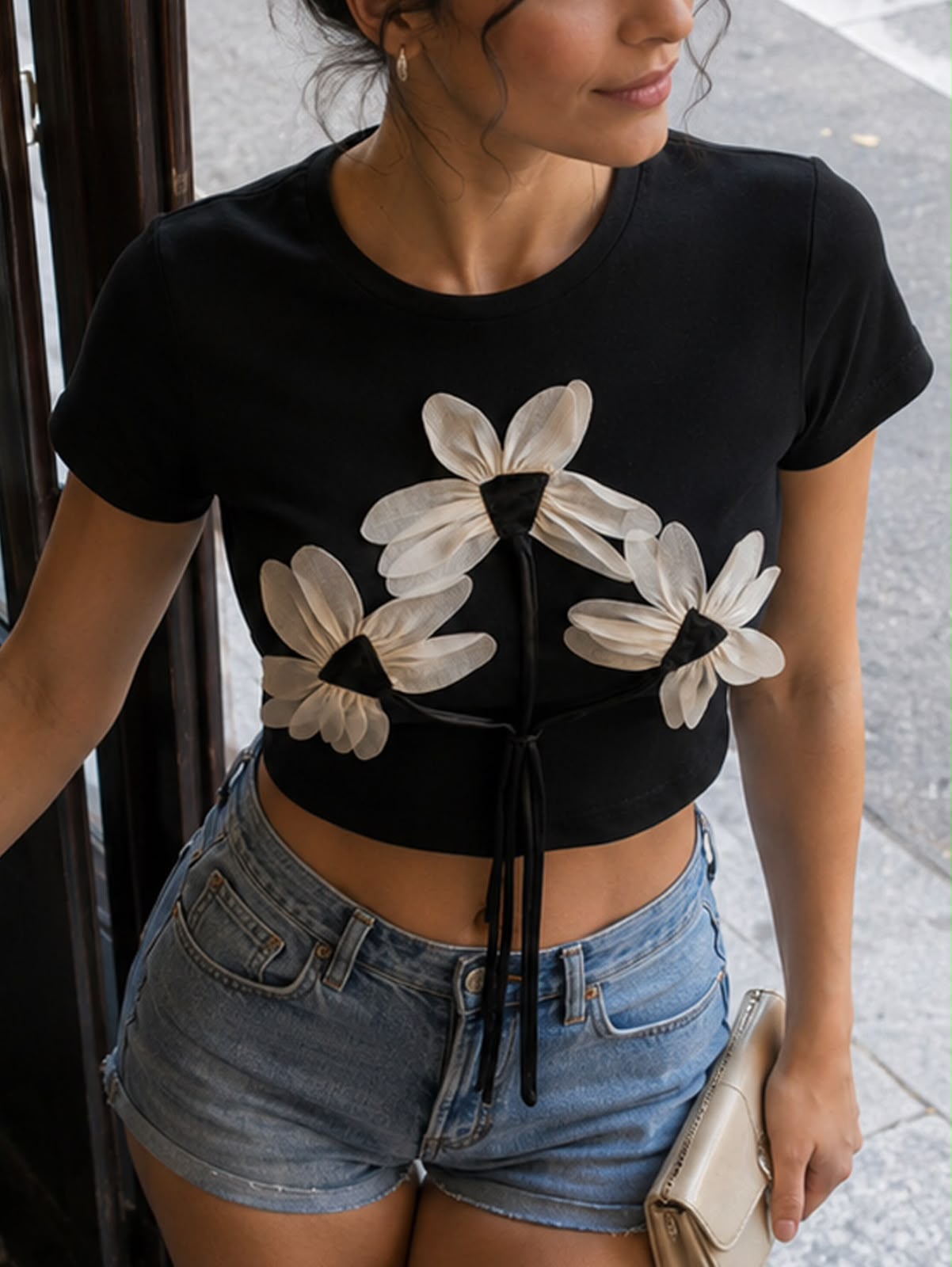 SHEIN Black 3D Floral Crop Top - SHEIN Fast Delivery in 5 Days
