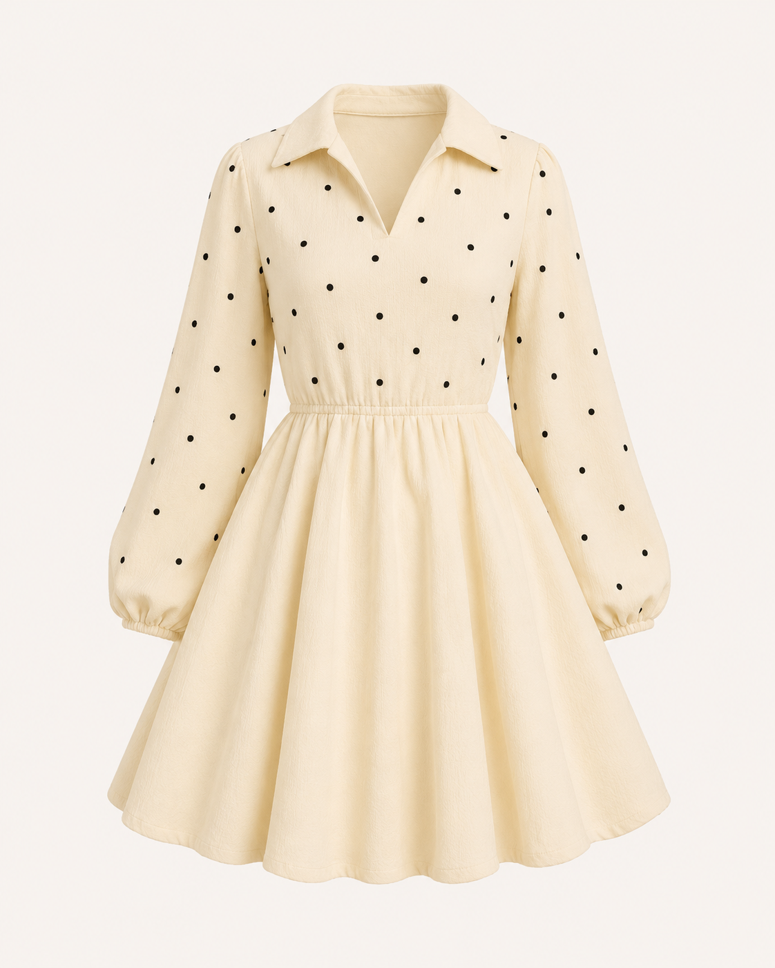 Women’s Cream Polka Dot Long Sleeve Mini Dress with Collar
