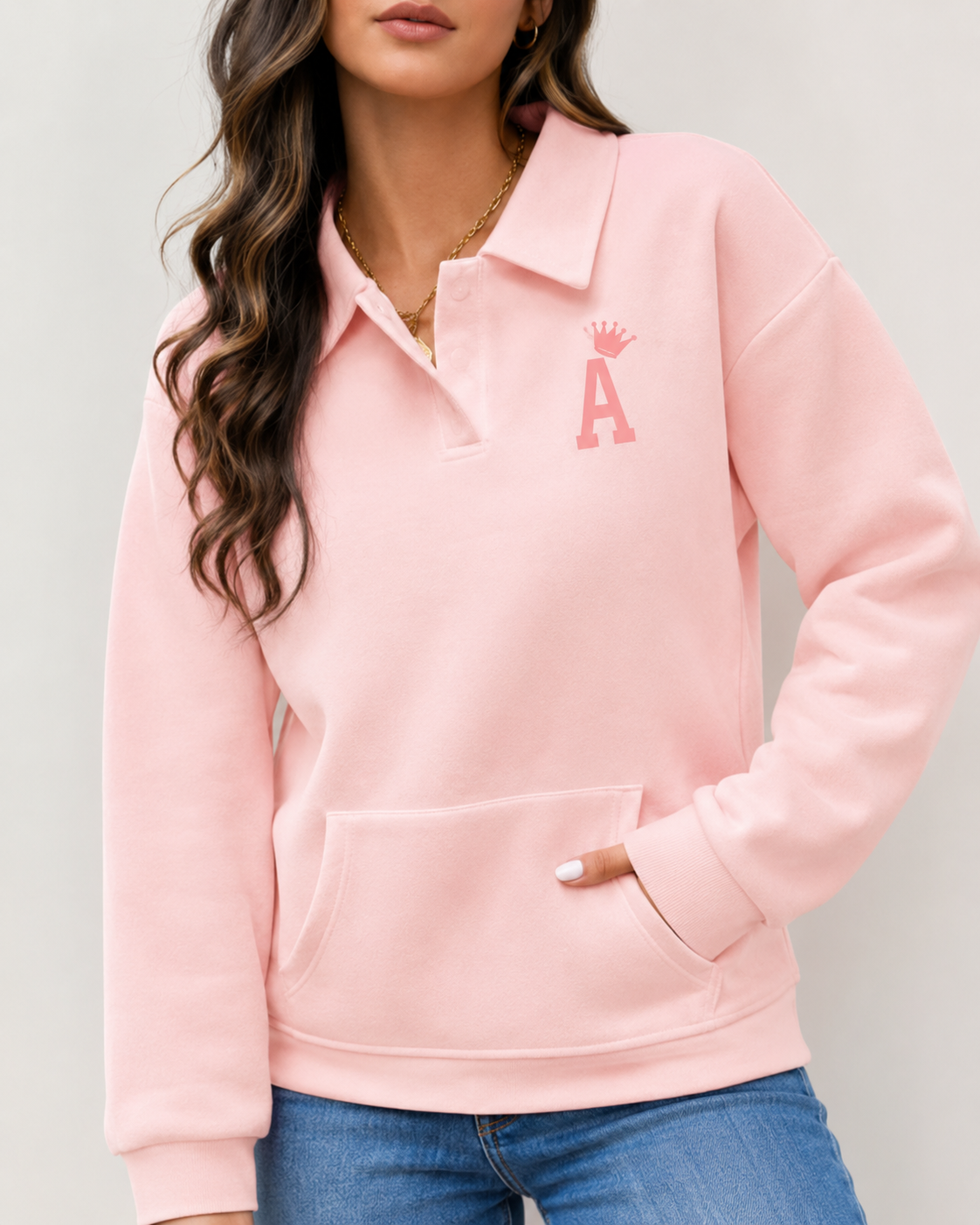 Women’s Pink Letter Print Drop Shoulder Sweatshirt with Front Pocket