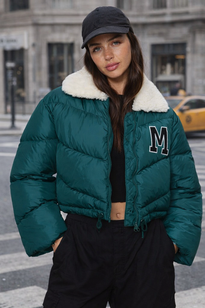 Women’s Cropped Green Puffer Jacket with Faux Fur Collar – Winter Quilted Bomber Jacket