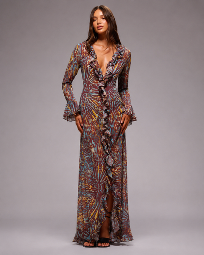 SHEIN Women Multicolor Ruffle Long Sleeve Maxi Dress
