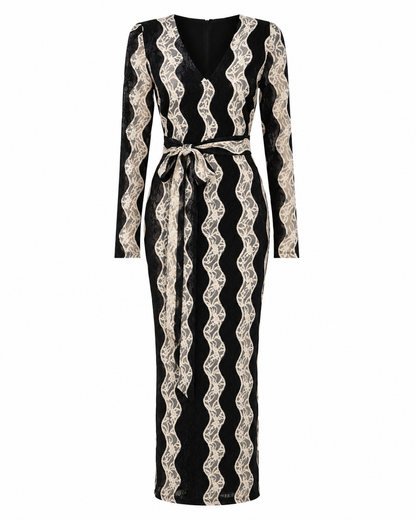Women’s Black and Cream Lace Print Midi Dress – Long Sleeve V Neck Belted Elegant Dress