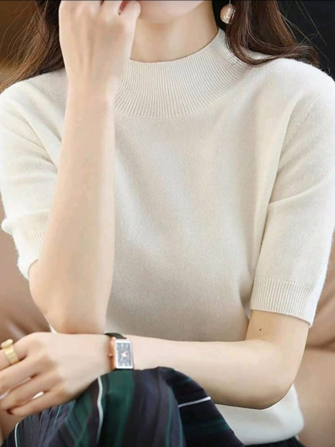 Beige High Neck Short Sleeve Knit Top â€“ Women Elegant Basic Sweater