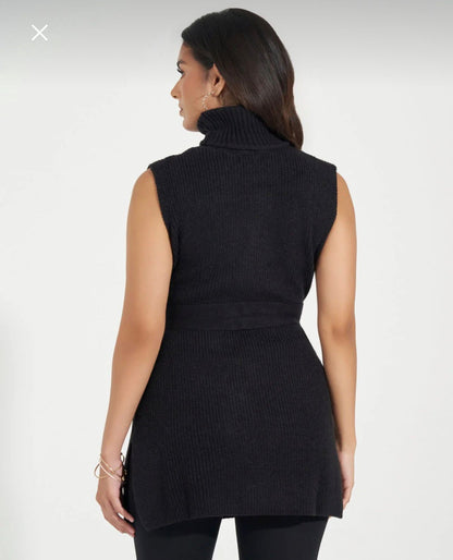 Black Sleeveless Turtleneck Knit Tunic – Belted Longline Sweater Top – Chic Winter Layering Top for Women