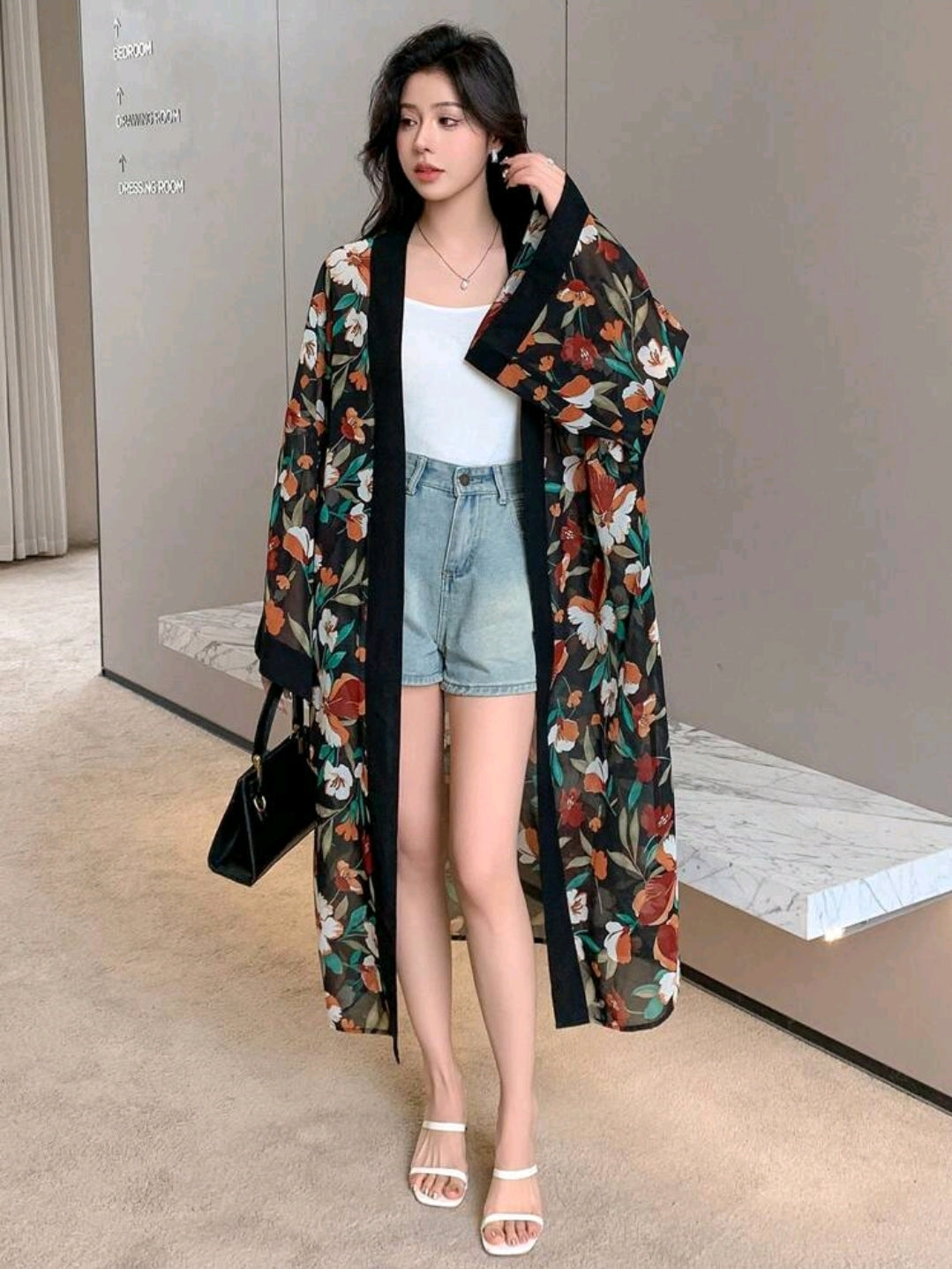 DAZY Black Floral Kimono Cover Up for Women – Long Open Front Cardigan – Bell Sleeve Lightweight Layering Piece
