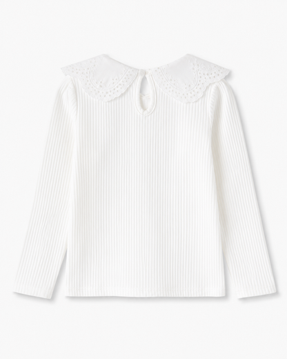 SHEIN Kids White Ribbed Lace Collar Top – Long Sleeve Elegant Girls T-Shirt, SHEIN Fast Delivery in 5 Days